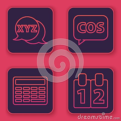 Set line Calculator, Chalkboard, Tablet with calculator and Mathematics function cosine. Blue square button Vector Illustration