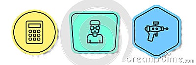 Set line Calculator, Nerd geek and Ray gun. Colored shapes. Vector Vector Illustration
