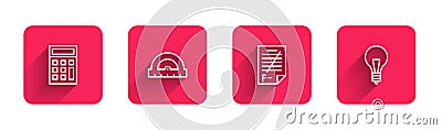 Set line Calculator, Protractor, Exam paper with incorrect answers and Light bulb concept of idea with long shadow. Red Vector Illustration