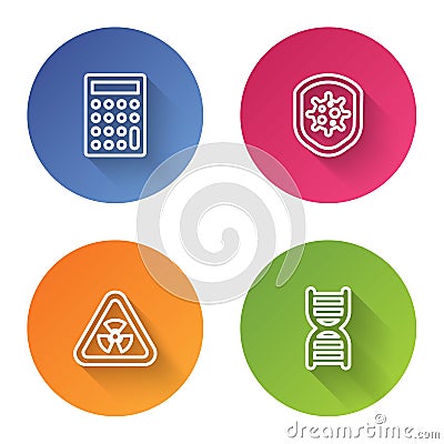 Set line Calculator, Shield protecting from virus, Triangle with radiation and DNA symbol. Color circle button. Vector Stock Photo