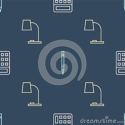 Set line Calculator, Table lamp and Pencil with eraser on seamless pattern. Vector Vector Illustration