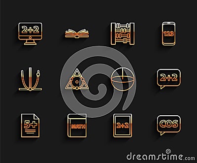 Set line Calculator, Triangle math, Graph, schedule, chart, diagram, Calculation, Tablet with calculator, Chalkboard Stock Photo