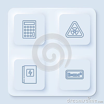 Set line Calculator, Triangle with radiation, Electrical panel and Equation solution. White square button. Vector Vector Illustration