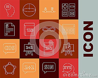 Set line Calculator, XYZ Coordinate system, Chalkboard, Test exam sheet, and pen, Infinity, and Function mathematical Stock Photo