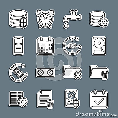 Set line Calendar with check mark, Delete folder, Hard disk drive HDD, Water tap, Dead mobile, Database protection and Vector Illustration