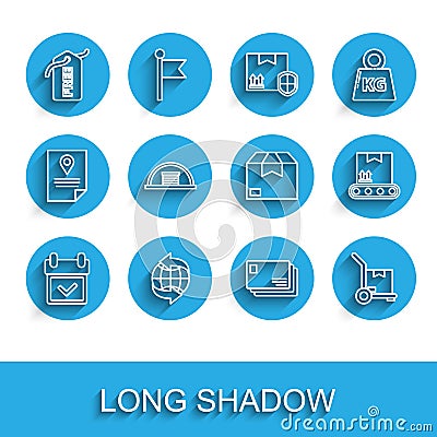 Set line Calendar with check mark, Worldwide, Price tag Free, Envelope, Hand truck and boxes, Hangar, Conveyor belt Vector Illustration