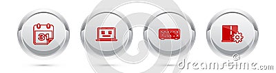 Set line Calendar, Dead laptop, Retro flip clock and Server setting. Silver circle button. Vector Vector Illustration