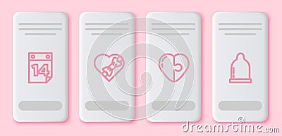 Set line Calendar with February 14, Candy in heart shaped box, Heart and Condom. White rectangle button. Vector Vector Illustration