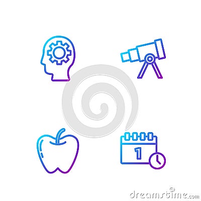 Set line Calendar first september date, Apple, Head with gear inside and Telescope. Gradient color icons. Vector Vector Illustration