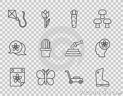 Set line Calendar with flower, Rubber gloves, Carrot, Butterfly, Kite, Cactus peyote in pot, Lawn mower and Human head Vector Illustration