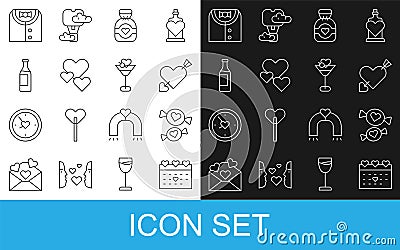 Set line Calendar with heart, Candy, Amour arrow, Chocolate candy, Heart, Wine bottle, Suit and Martini glass icon Vector Illustration