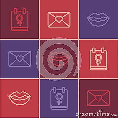 Set line Calendar with 8 March, Smiling lips and Envelope icon. Vector Vector Illustration