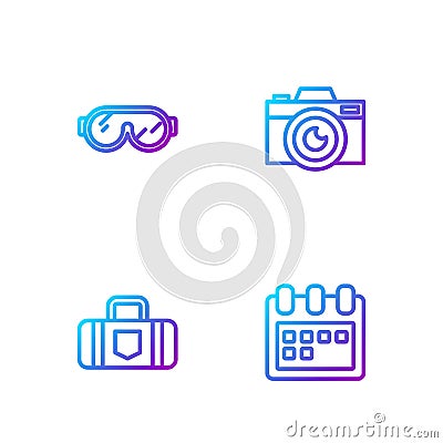 Set line Calendar, Suitcase, Ski goggles and Photo camera. Gradient color icons. Vector Vector Illustration