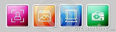 Set line Camera focus frame line, Photo, Empty photo studio and camera. Colorful square button. Vector Vector Illustration