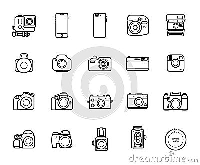 Set of Line Camera Icons on White Background. Smartphones, Action, Digital and Film Photo cameras Legendary Brands. Vector Illustration