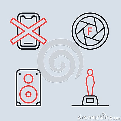 Set line Camera shutter, Stereo speaker, Movie trophy and No cell phone icon. Vector Vector Illustration