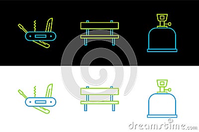 Set line Camping gas stove, Swiss army knife and Bench icon. Vector Vector Illustration