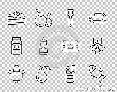 Set line Camping hat, Fish, Spatula, Pear, Piece of cake, Sauce bottle, Lighter and Mosquito icon. Vector Vector Illustration