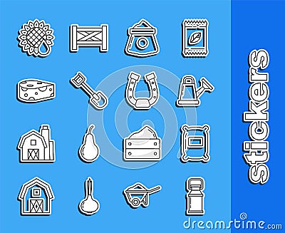 Set line Can container for milk, Bag of flour, Watering can, Shovel, Cheese, Sunflower and Horseshoe icon. Vector Stock Photo