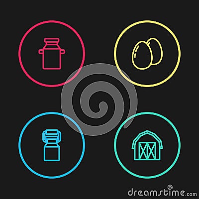 Set line Can container for milk, Farm house, Chicken egg and icon. Vector Vector Illustration