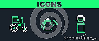 Set line Can container for milk, Tractor and Watering can icon. Vector Vector Illustration