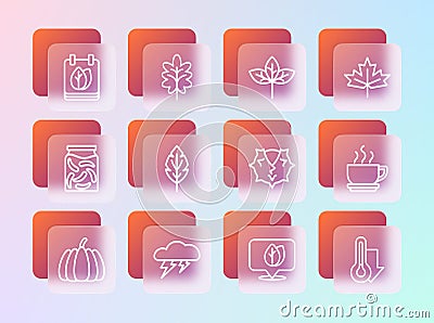 Set line Canadian maple leaf, Cloud and lightning, Chestnut, Location with, Leaf, Calendar autumn leaves and icon Stock Photo