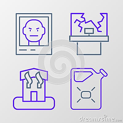 Set line Canister fuel, Arson home, Broken window and Wanted poster icon. Vector Stock Photo