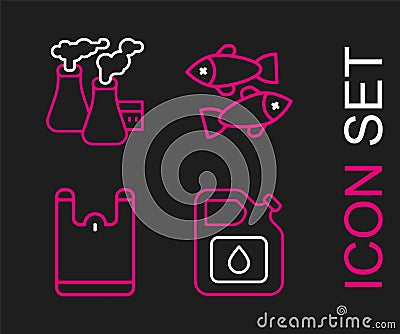 Set line Canister for gasoline, Plastic bag, Dead fish and Smoke from factory icon. Vector Vector Illustration