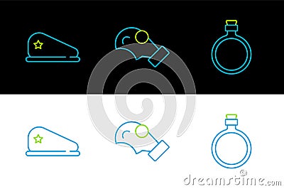 Set line Canteen water bottle, Military beret and Gas mask icon. Vector Stock Photo