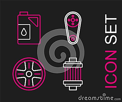 Set line Car air filter, Alloy wheel, Timing belt kit and Canister for motor oil icon. Vector Vector Illustration