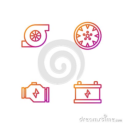 Set line Car battery, Check engine, Automotive turbocharger and Alloy wheel. Gradient color icons. Vector Vector Illustration