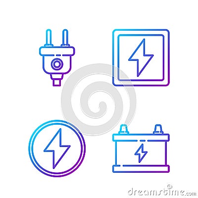 Set line Car battery, Lightning bolt, Electric plug and Lightning bolt. Gradient color icons. Vector Stock Photo