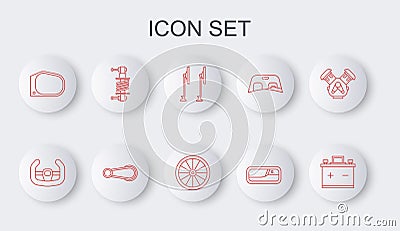 Set line Car battery, Sport steering wheel, Windscreen wiper, door handle, mirror, Shock absorber, and icon. Vector Vector Illustration