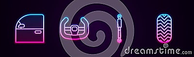 Set line Car door, Sport steering wheel, Shock absorber and tire. Glowing neon icon. Vector Vector Illustration