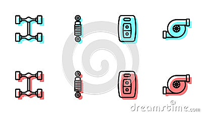 Set line Car key with remote, Chassis car, Shock absorber and Automotive turbocharger icon. Vector Stock Photo