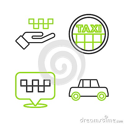 Set line Car, Location with taxi, Taxi car roof and Hand icon. Vector Vector Illustration
