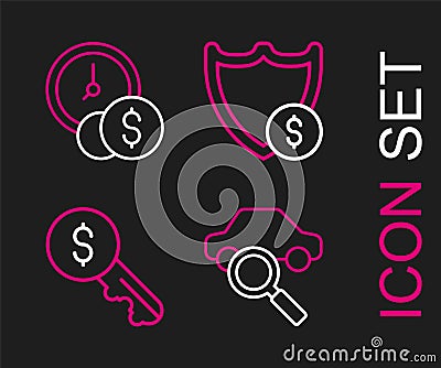 Set line Car sharing, Rent key, Shield with dollar and Time is money icon. Vector Stock Photo