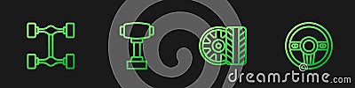 Set line Car tire wheel, Chassis car, Gear shifter and Steering. Gradient color icons. Vector Vector Illustration