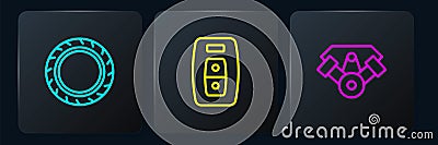 Set line Car tire wheel, Power car engine and key with remote. Black square button. Vector Vector Illustration