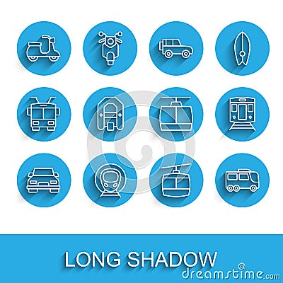 Set line Car, Train and railway, Scooter, Cable car, Bus, Rafting boat, and icon. Vector Vector Illustration