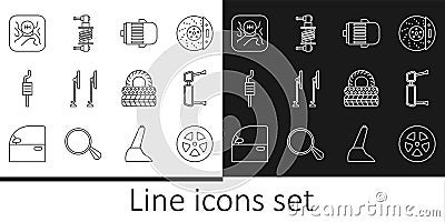 Set line Car wheel, Truck side mirror, Electric engine, Windscreen wiper, muffler, Gear shifter, tire and Shock absorber Vector Illustration