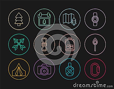 Set line Carabiner, Burning match with fire, Location of the forest, Climber rope, Crossed arrows, Tree, Hiking backpack Stock Photo