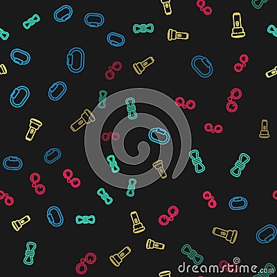 Set line Carabiner, Climber rope, Flashlight and Binoculars on seamless pattern. Vector Stock Photo