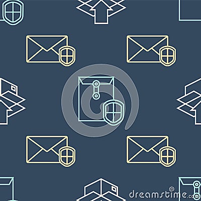 Set line Cardboard box with traffic symbol, Envelope with shield and Envelope with shield on seamless pattern. Vector Vector Illustration