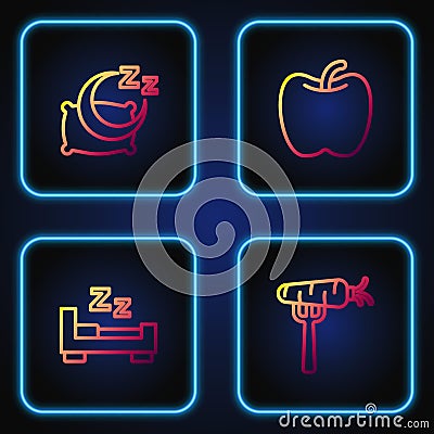 Set line Carrot on fork, Time to sleep, and Apple. Gradient color icons. Vector Vector Illustration