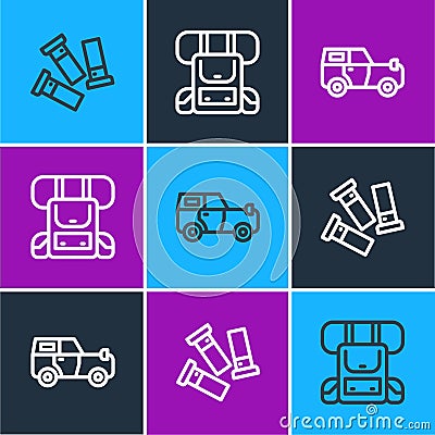 Set line Cartridges, Off road car and Hiking backpack icon. Vector Vector Illustration