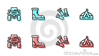 Set line Cartridges, Off road car, Hunter boots and Tourist tent icon. Vector Vector Illustration