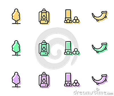 Set line Cartridges, Tree, Camping lantern and Hunting horn icon. Vector Stock Photo