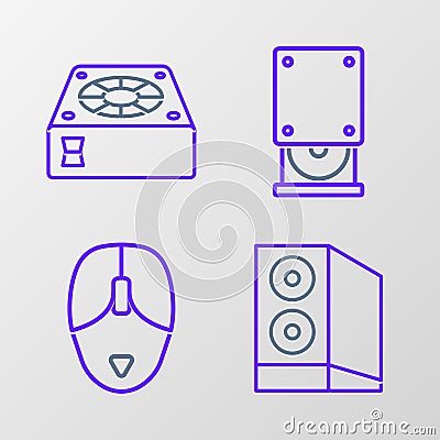 Set line Case of computer, Computer mouse, Optical disc drive and cooler icon. Vector Vector Illustration