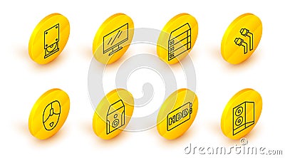 Set line Case of computer, Hard disk drive HDD, Uninterruptible power supply, Computer mouse, LAN cable network internet Vector Illustration